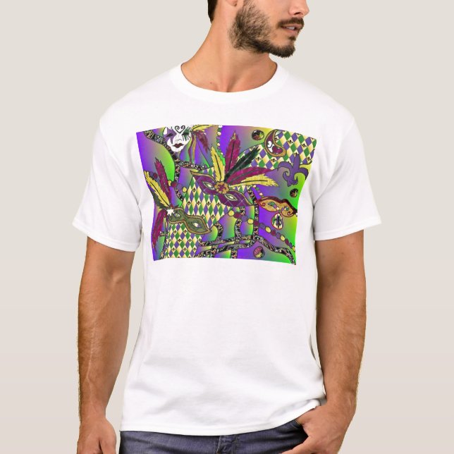 T-shirt Psychédélique Mardi Gras Plumes Masques Cadeaux Vê (Devant)
