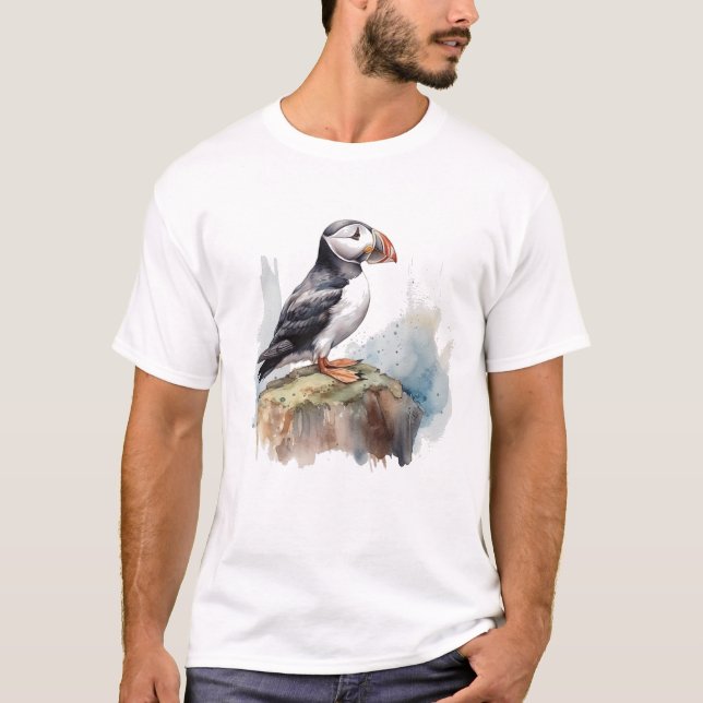 T-shirt Puffin sur une aquarelle rocheuse (Devant)