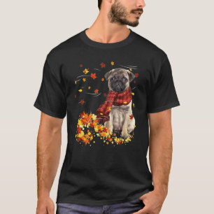 T-shirt Pug Chien Écharpe d'Automne Feuilles qui Tombent