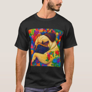 T-shirt Pug Coloré Brodé Dormant Dans Une Fantaisie Floral