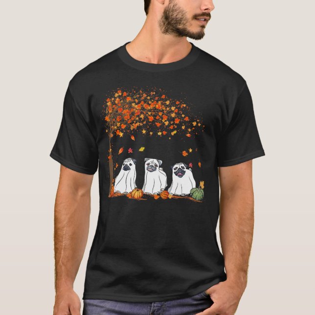 T-shirt Pug Ghost Cute Under Fall Tree Halloween Autumn Do (Devant)