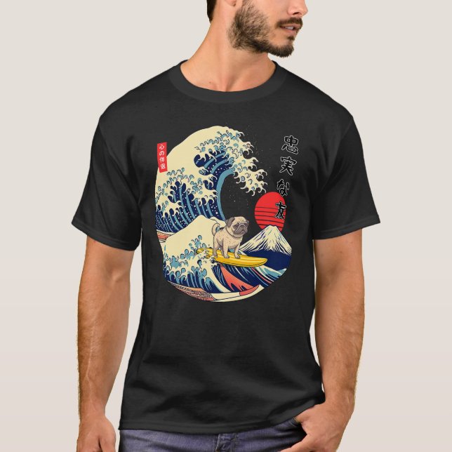 T-shirt Pug Japanese Kanagawa Wave Surf Loyal Dog (Devant)