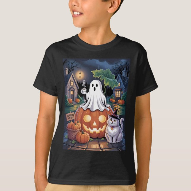 T-shirt Pumpkins For Sale & Caffeine Ghost With Cat (Devant)
