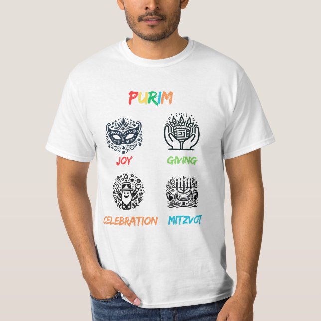 T-SHIRT PURIM : JOIE EN CÉLÉBRATION ET MITZVOT (Devant)