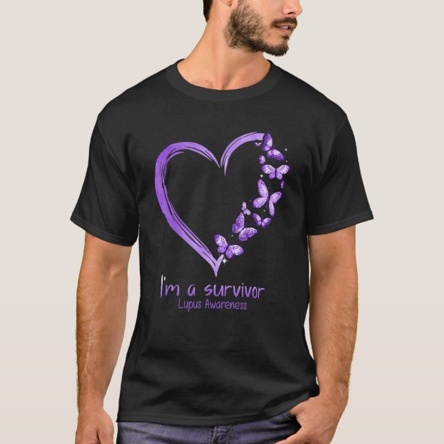 T-shirt Purple Papillon Coeur Je Suis Survivant Lupus (Devant)