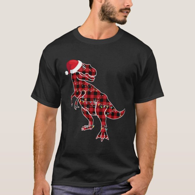 T-shirt Pyjamas rouge Plaid Dinosaur T Rex feux de Noël (Devant)