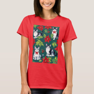 T-shirt Quatre chats de Noël et poinsettias