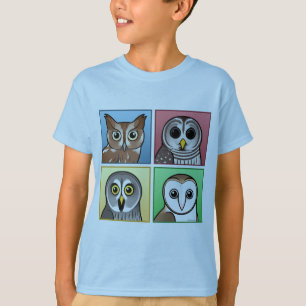 T-shirt Quatre hiboux de couleur (en pastel)