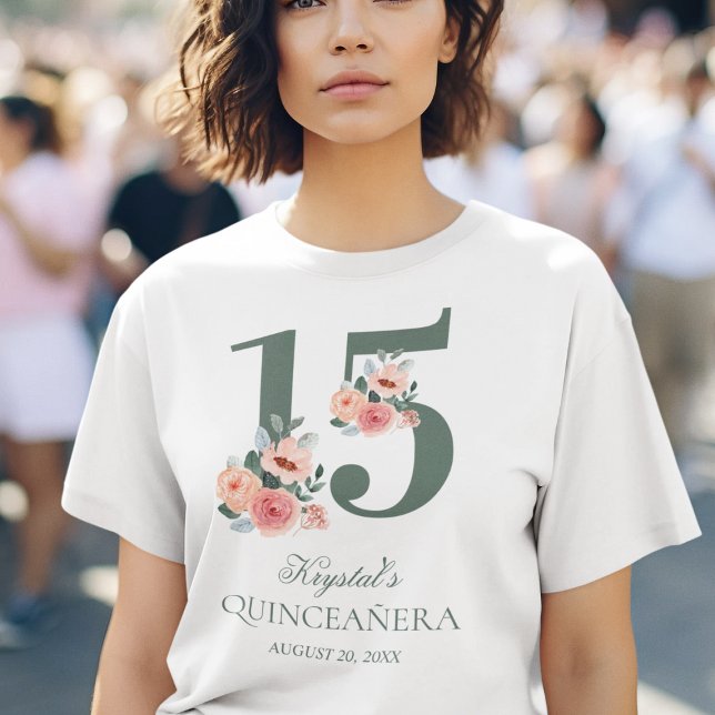 T-shirt Quinceanera 15e anniversaire fête rose florale (Créateur téléchargé)