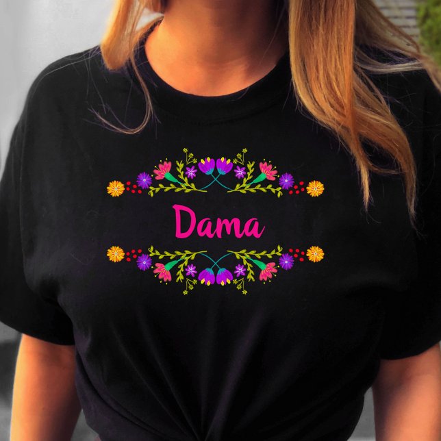 T-shirt Quinceanera Dama Mexicaine Fiesta Noir Anniversair (Quinceanera tee for your Dama from my Mexican Fiesta Floral collection)