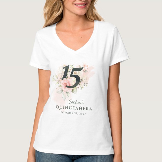 T-shirt Quinceanera rose Floral Rustique Blush 15e anniver (Devant)
