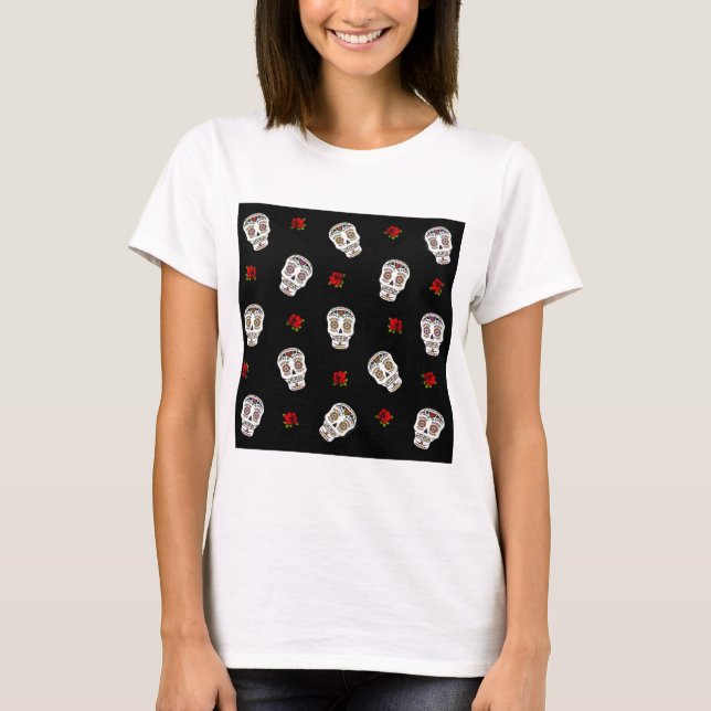 T-shirt RAB Rockabilly Sugar Skulls Roses On Black (Devant)