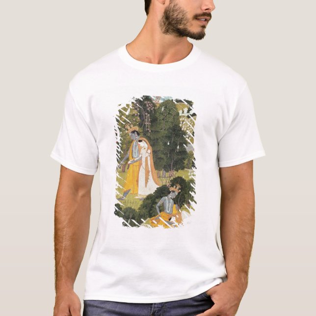 T-shirt Radha et Krishna marchant dans un verger (Devant)