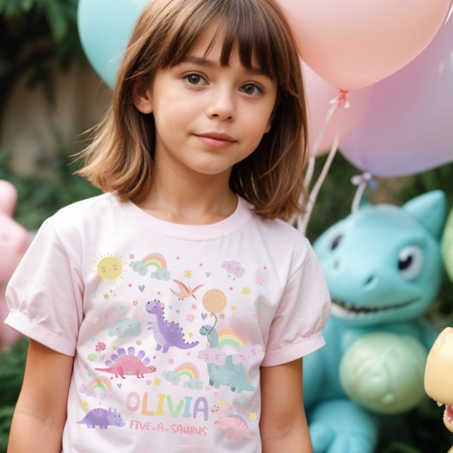 T-Shirt Rainbow Dino Dinosaure pour fille personna (Girl Dinosaur Birthday T-shirt)