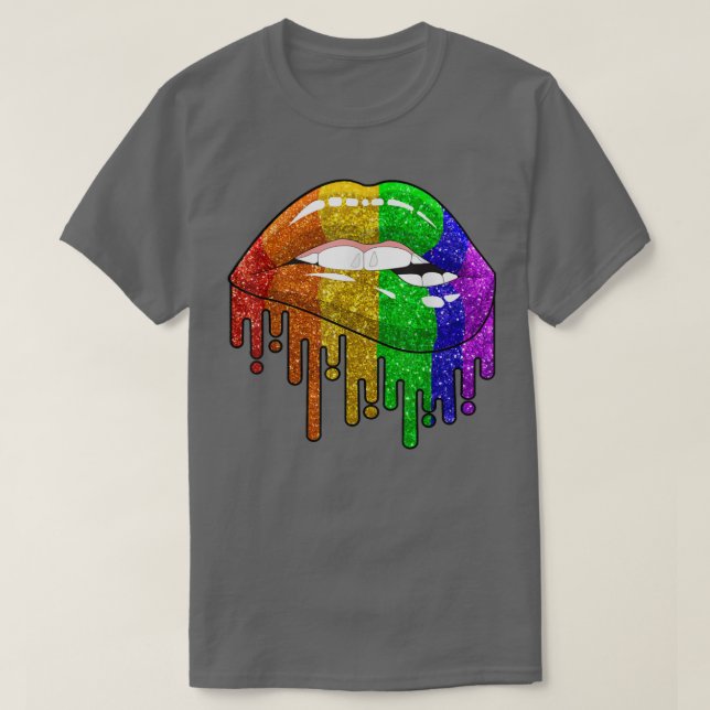 T-shirt Rainbow Lips Biting Sey Cool LGBT Gay Lesbian Homo (Design devant)