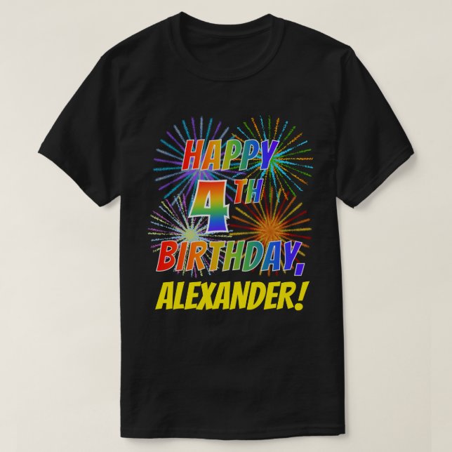 T-shirt Rainbow Look HAPPY 4E ANNIVERSAIRE; Fireworks + No (Design devant)