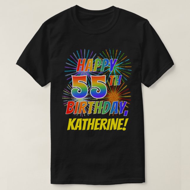 T-shirt Rainbow Look HAPPY 55E ANNIVERSAIRE; Fireworks + N (Design devant)