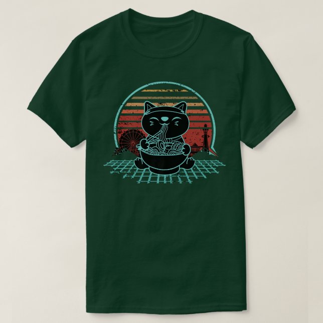 T-shirt Ramen Maneki Chat Neko Kawaii Rétrowave Sunset2008 (Design devant)