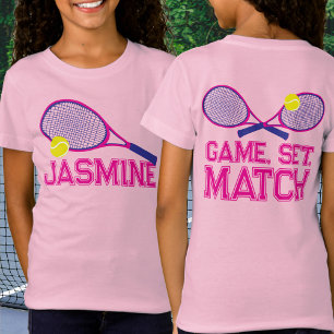 T-Shirt Raquette de tennis et bille rose bleu graphique pe