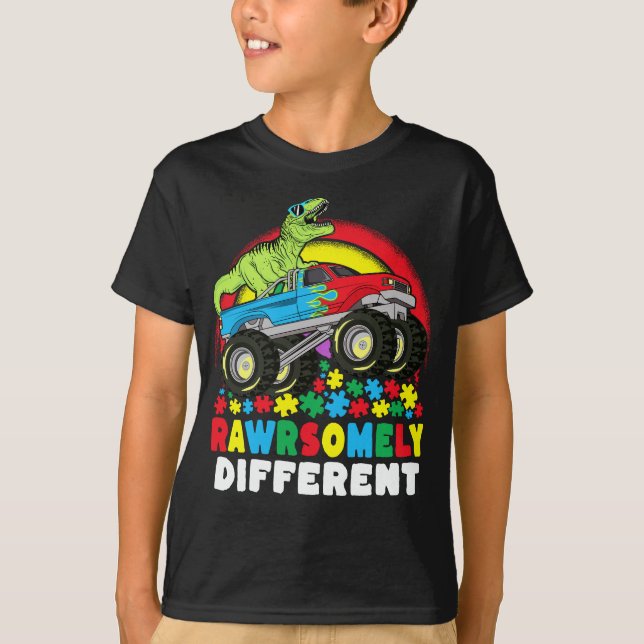 T-shirt Rawrsomement Différent T Rex Monster Truck Autisme (Devant)