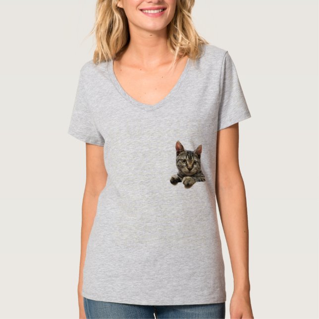 T-shirt rayé gris de chat tigré pour des femmes (Devant)