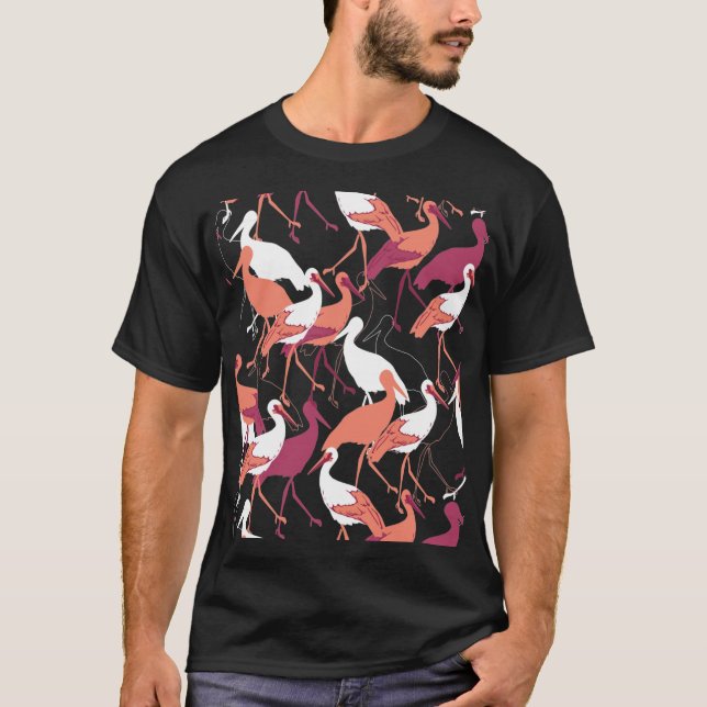 T-shirt Red and White Stork Birds on Black Background (Devant)