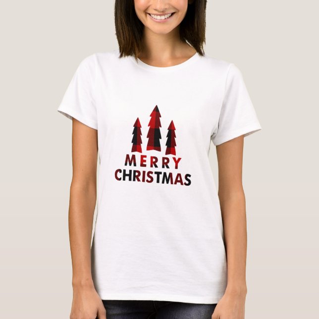 T-shirt Red Buffalo Plaid Joyeux Arbres de Noël Vacances (Devant)