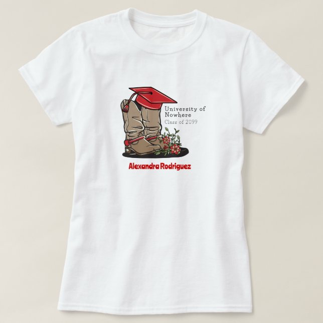 T-shirt Red Cowboy Boot Graduation Cap & Fleurs (Design devant)