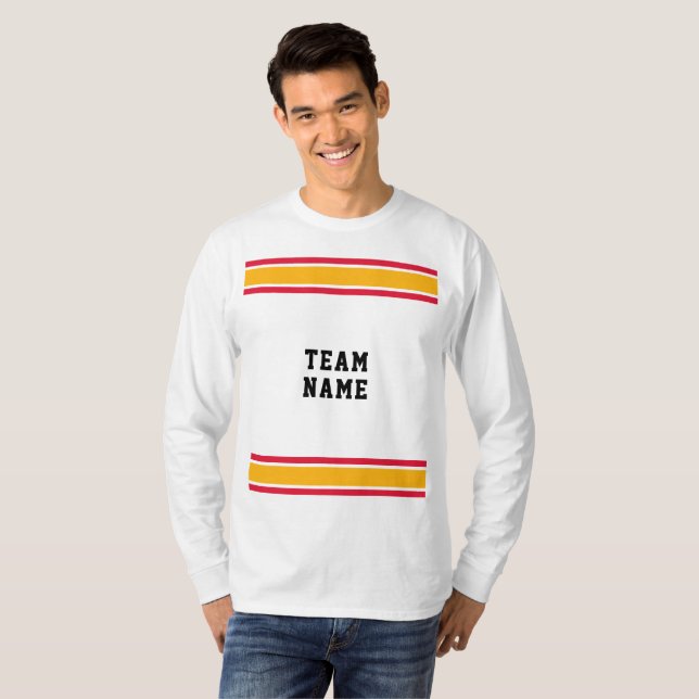 T-shirt Red Gold Sports Jersey Team Nom White Long Sleeve (Devant entier)