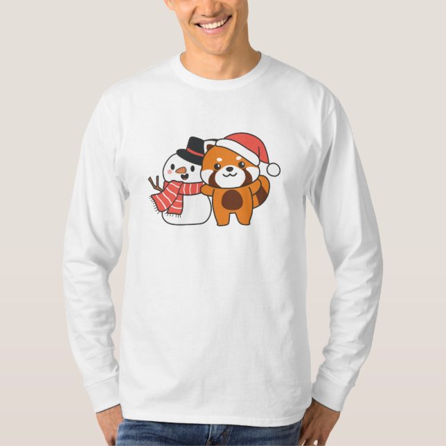T-shirt Red Panda With Snowman In Winter For Christmas (Devant)