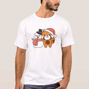 T-shirt Red Panda With Snowman In Winter For Christmas