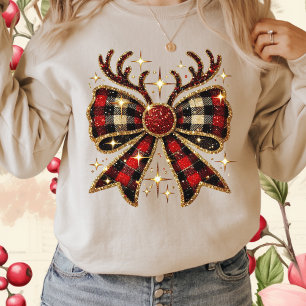T-shirt Red Plaid Christmas Reindeer Bow-Coquette Bow