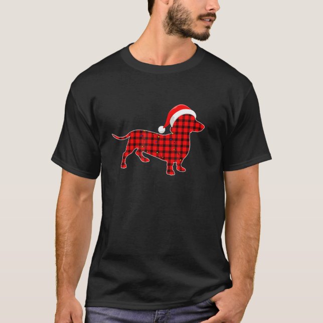 T-shirt Red Plaid Dachshund Santa Hat Pajamas de Noël (Devant)