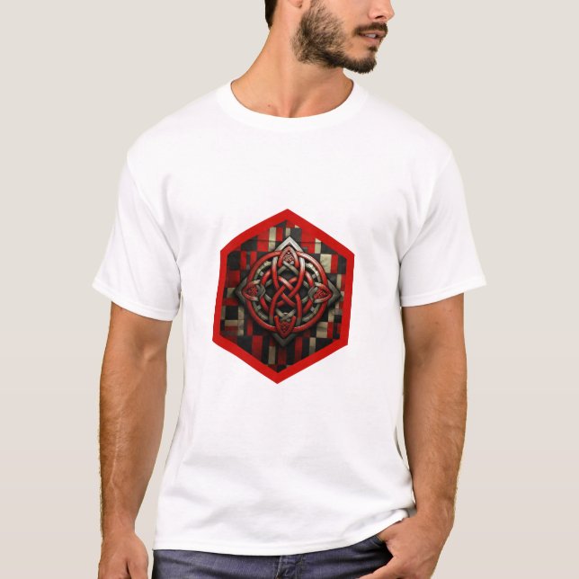 T-shirt Red & Silver Celtic Knot In A Six Sided Red Frame (Devant)