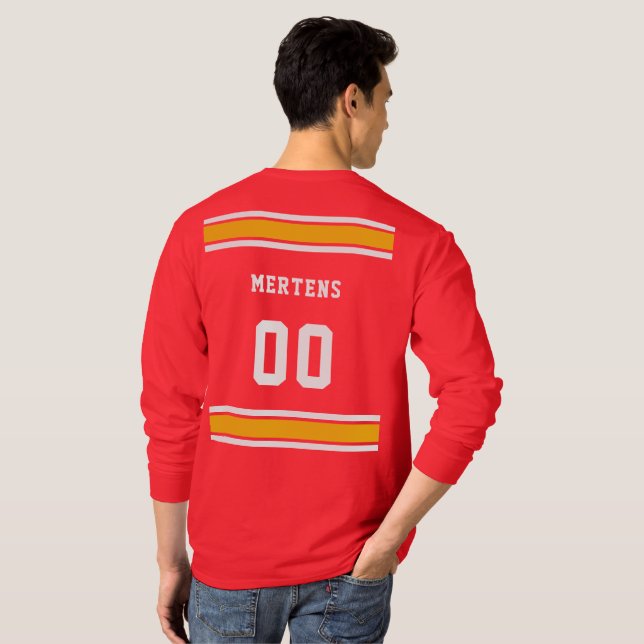 T-shirt Red Yellow White Sports Team Nom Long Sleeve (Dos entier)