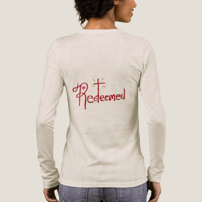 T Shirt ‘Redeemed’ Hand Drawn Text Cross Hearts (Rückseite)