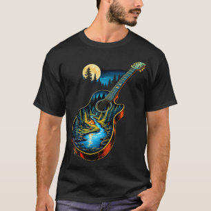 T-shirt Reflets du lac de guitare Forêt Pin Lune Camp
