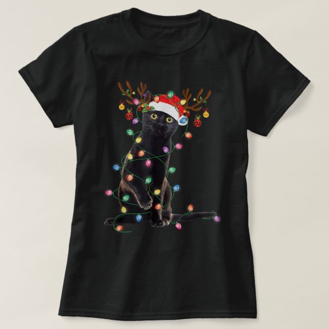 T-shirt Reindeer Chat Noir Feux de Noël Drôle Chat Amour (Design devant)