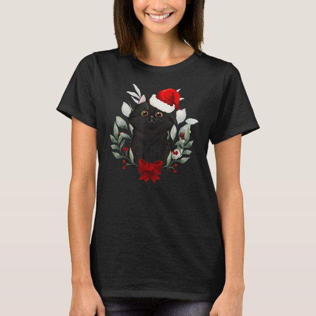 T-shirt Reindeer Santa Hat Noir Chat Lumières de Noël mign (Devant)