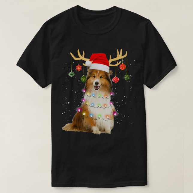 T-shirt Reindeer Sheltie Dog Santa Hat (Design devant)