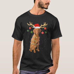 T-shirt Reindeer Vizsla Chien Santa Chapeau Noël Lumière