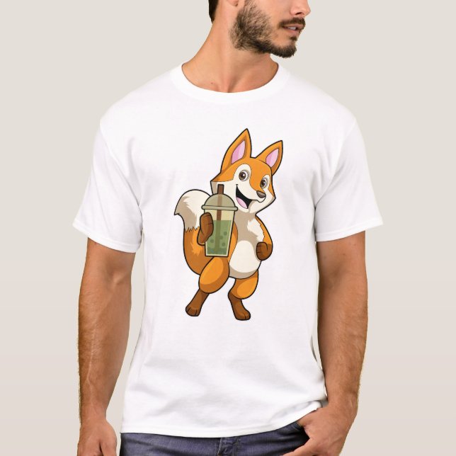 T-shirt Renard à boire avec du thé à bulle (Devant)