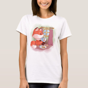 T-shirt Renard aquarelle avec thé et biscuits
