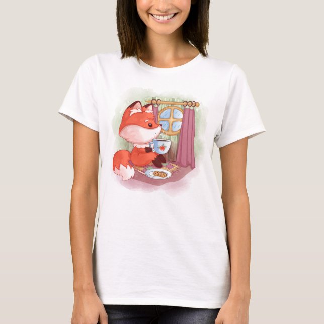 T-shirt Renard aquarelle avec thé et biscuits (Devant)