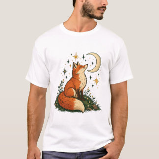 T-shirt Renard contemplant le croissant de lune et les éto