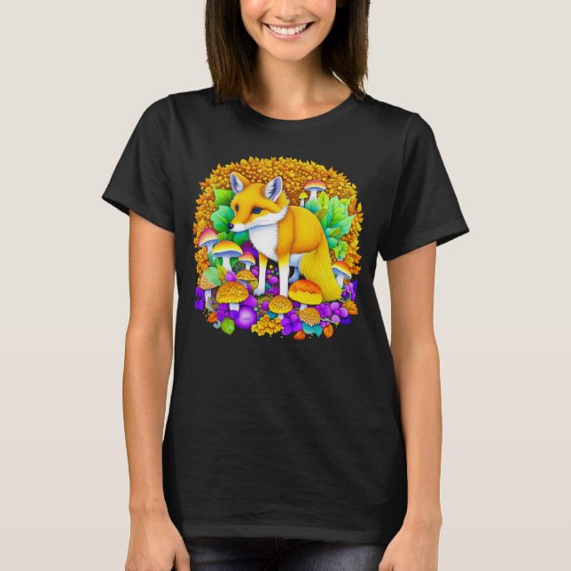 T-shirt Renard d'automne dans les champignons et les feuil (Devant)
