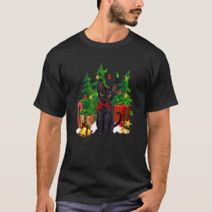 T-shirt Renne Chapeau de Père Noël Chat Noir Lumières de N