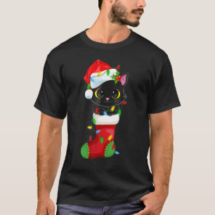 T-shirt Renne Chapeau de Père Noël Chat Noir Lumières de N
