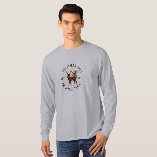 T-shirt Renne de Noël de plaid de Buffalo rouge et noir (Devant entier)