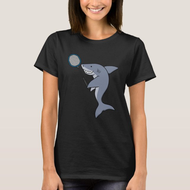 T-shirt Requin Jouer Badminton Sport Ironique Animal (Devant)